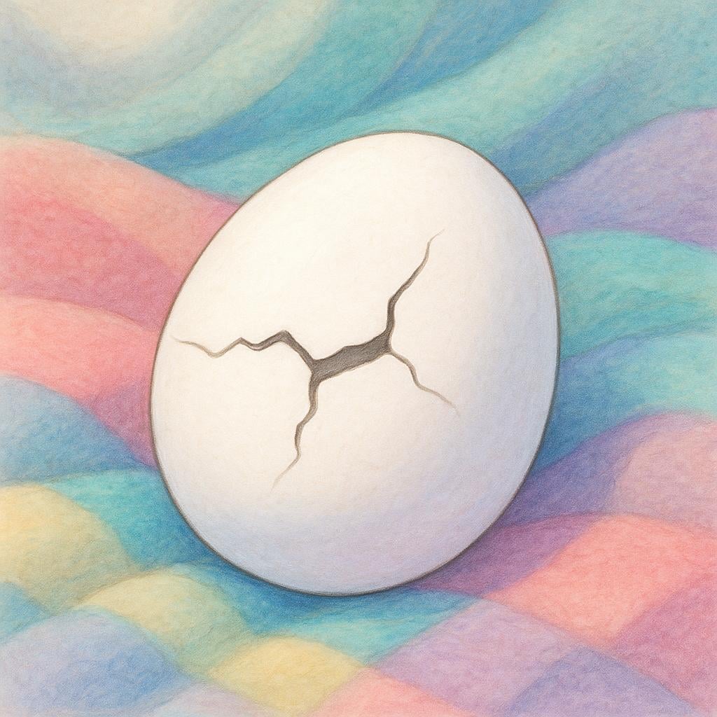 A single white eggshell with a large, visible crack running across its surface, resting on a soft, colorful cloth, illustrating something easily broken.