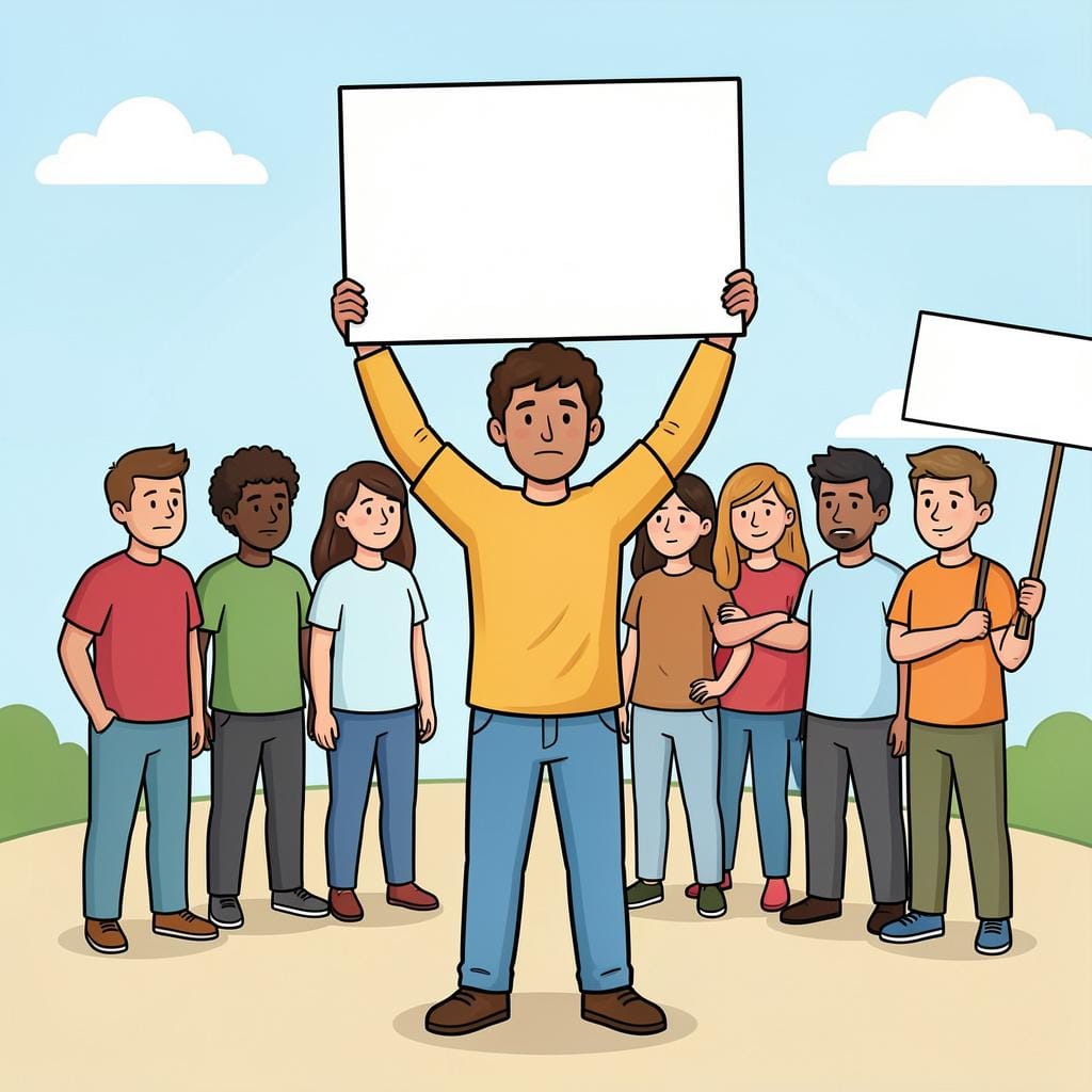 A person holding up a blank sign with a determined expression, surrounded by a small group of people.