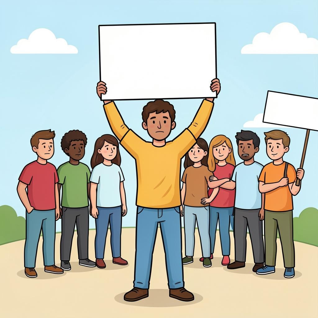 A person holding up a blank sign with a determined expression, surrounded by a small group of people.