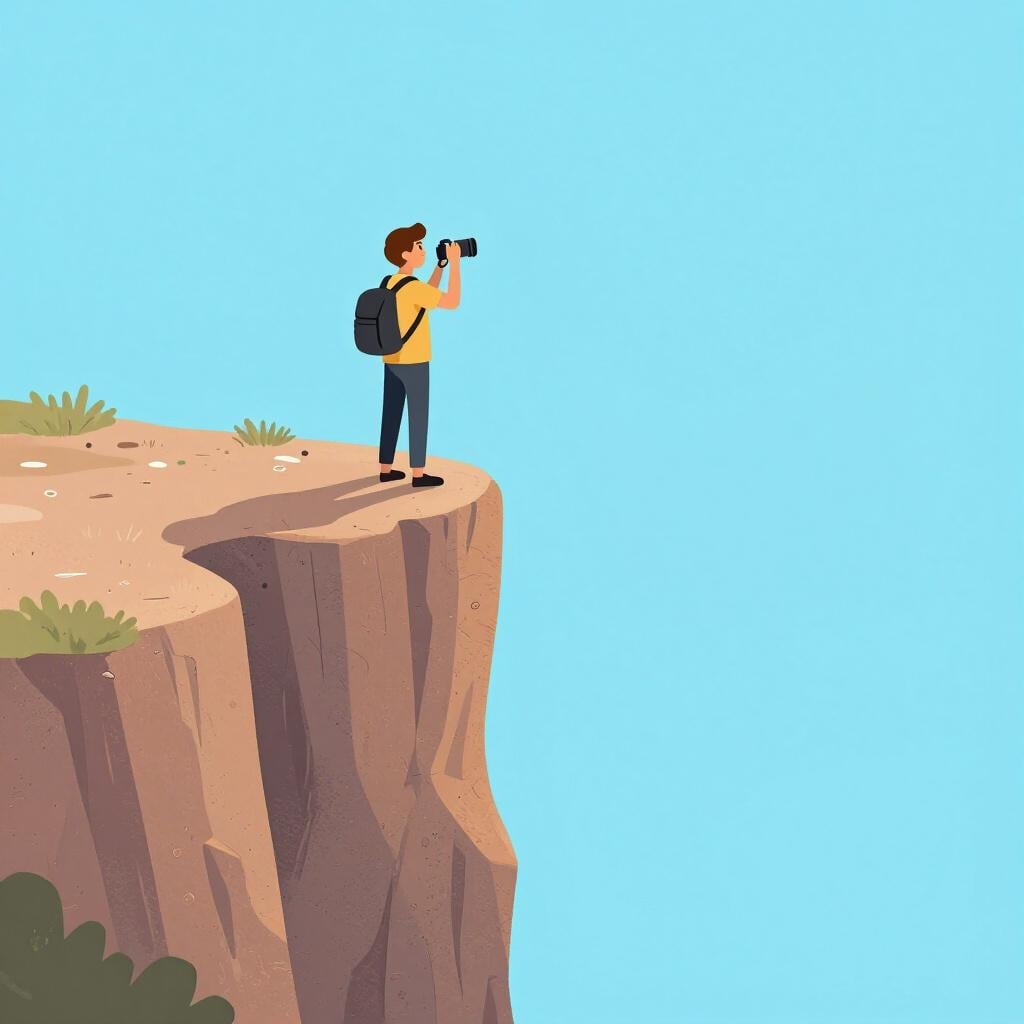 A person balancing precariously on the very edge of a tall cliff to take a photo.