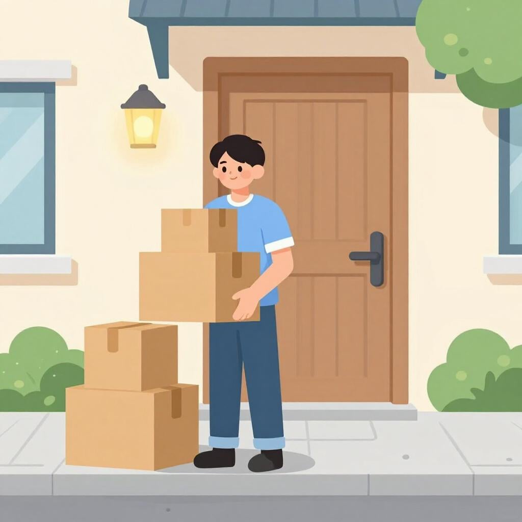 A sad person standing on a sidewalk next to a stack of packed cardboard boxes and a small lamp, looking back at a closed house door.