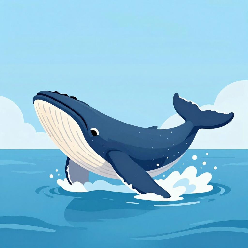 A colorful whale rising out of the calm blue ocean water.