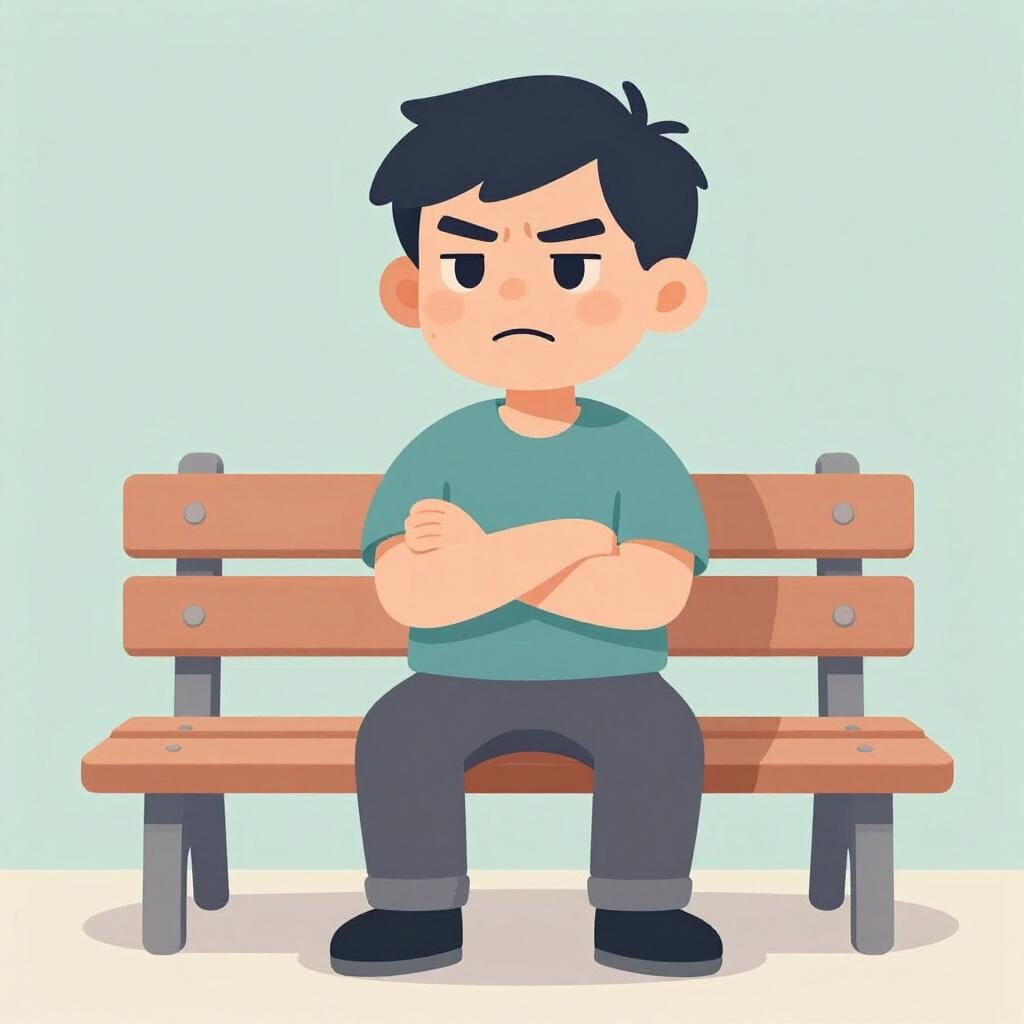 A man sitting alone on a park bench with a deep scowl and crossed arms, looking unhappy.