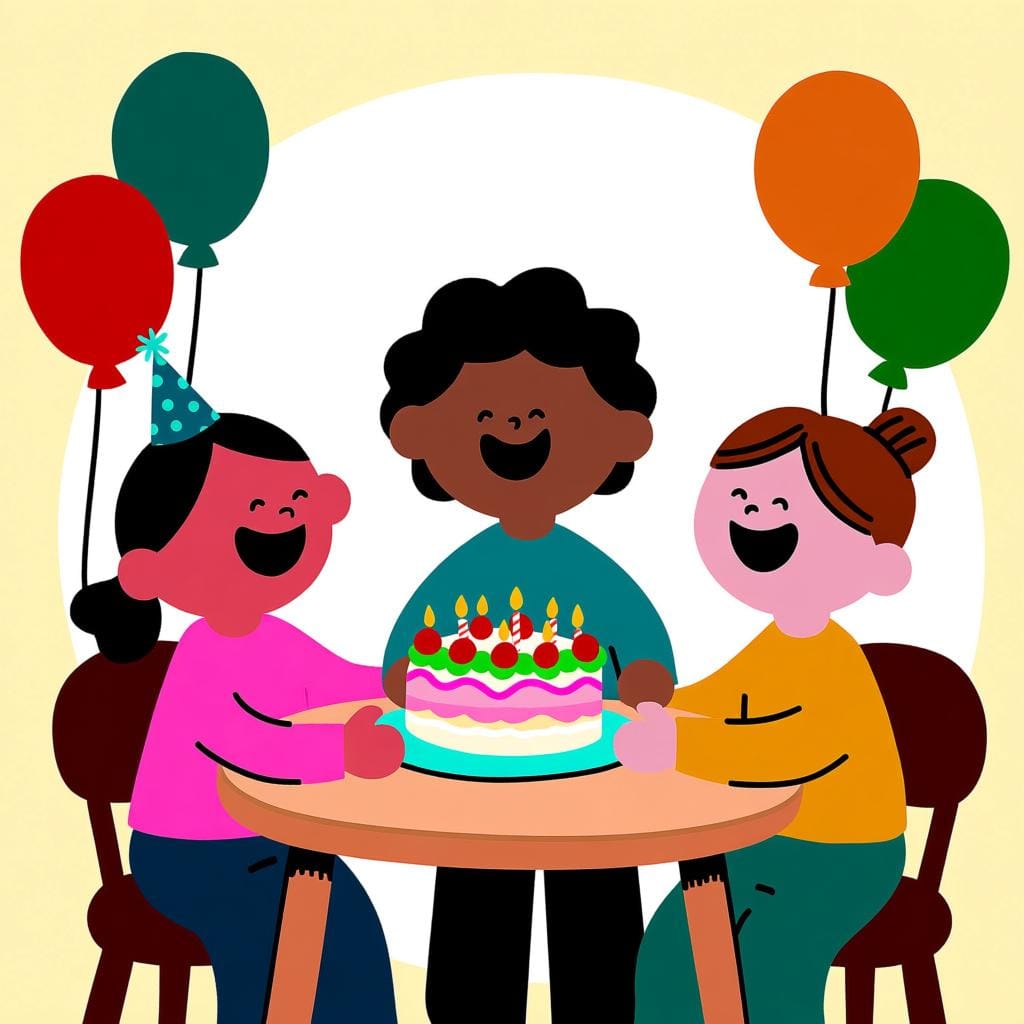 A group of happy friends gathered around a colorful birthday cake with lit candles and bright party balloons.