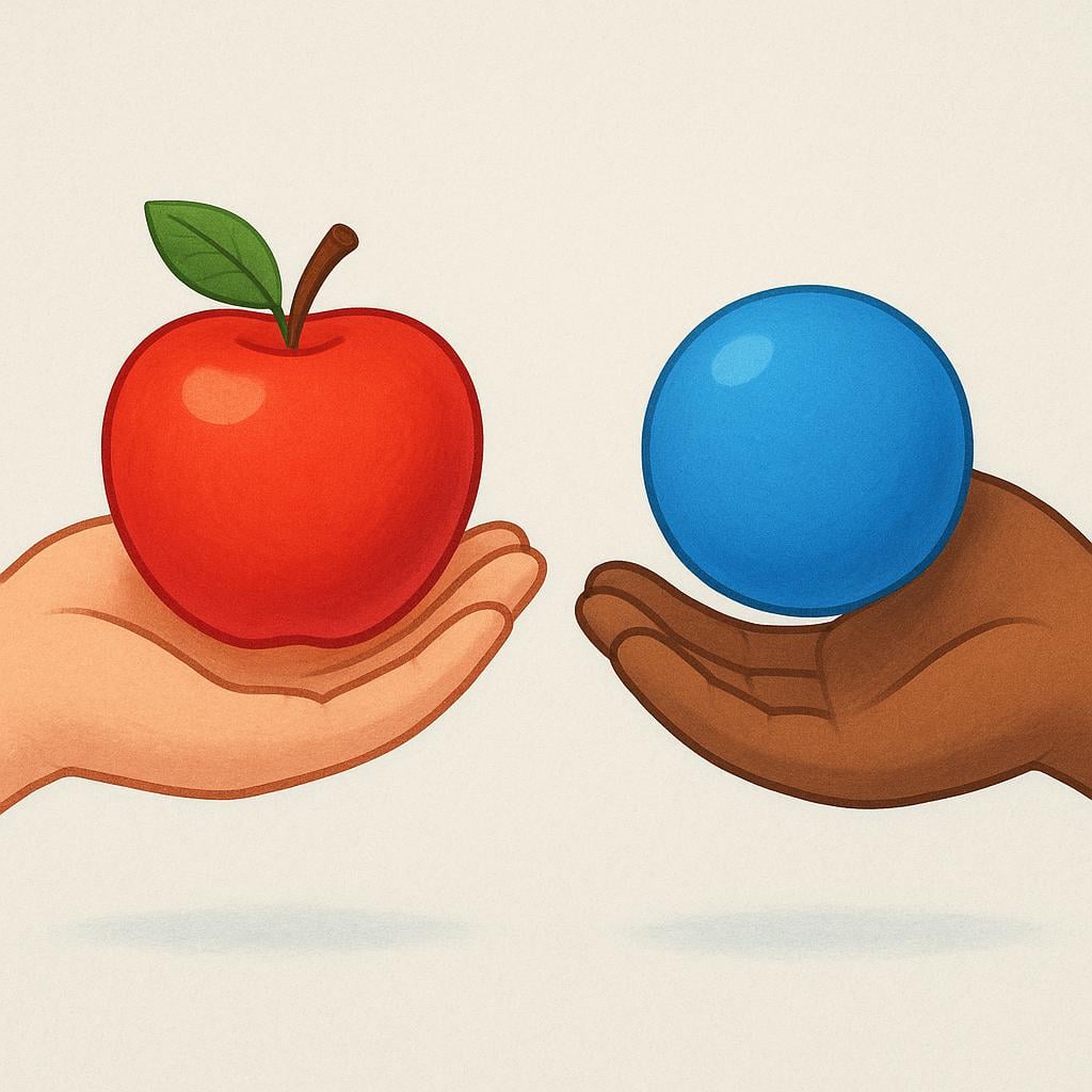 Two distinct hands completing a trade, one hand holds a bright red apple, and the other hand holds a solid blue rubber ball.