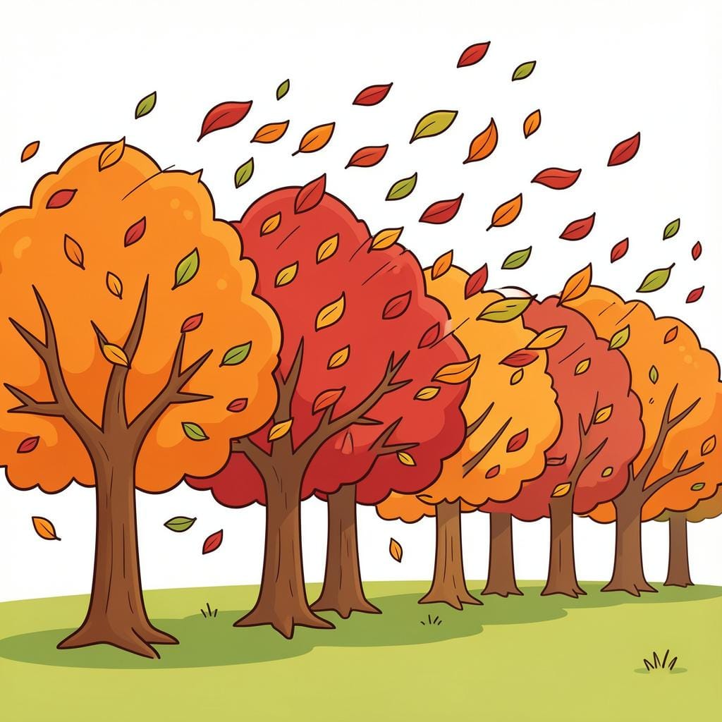 A row of colorful autumn trees with leaves blowing strongly in one direction.
