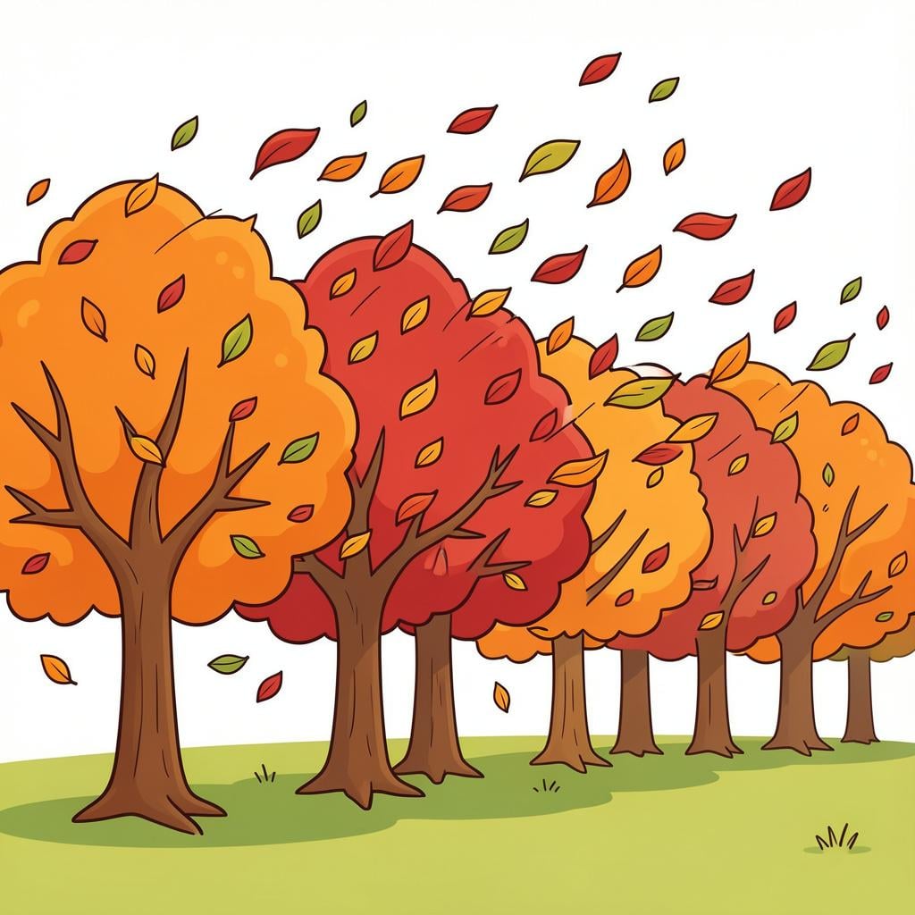 A row of colorful autumn trees with leaves blowing strongly in one direction.