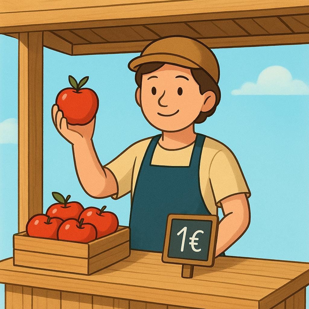 A smiling market vendor standing behind a simple wooden stall, holding a bright red apple out to a customer.