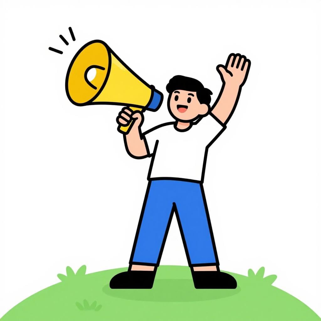 A person holding a megaphone up to their mouth while waving with the other hand, signaling they will share news soon.