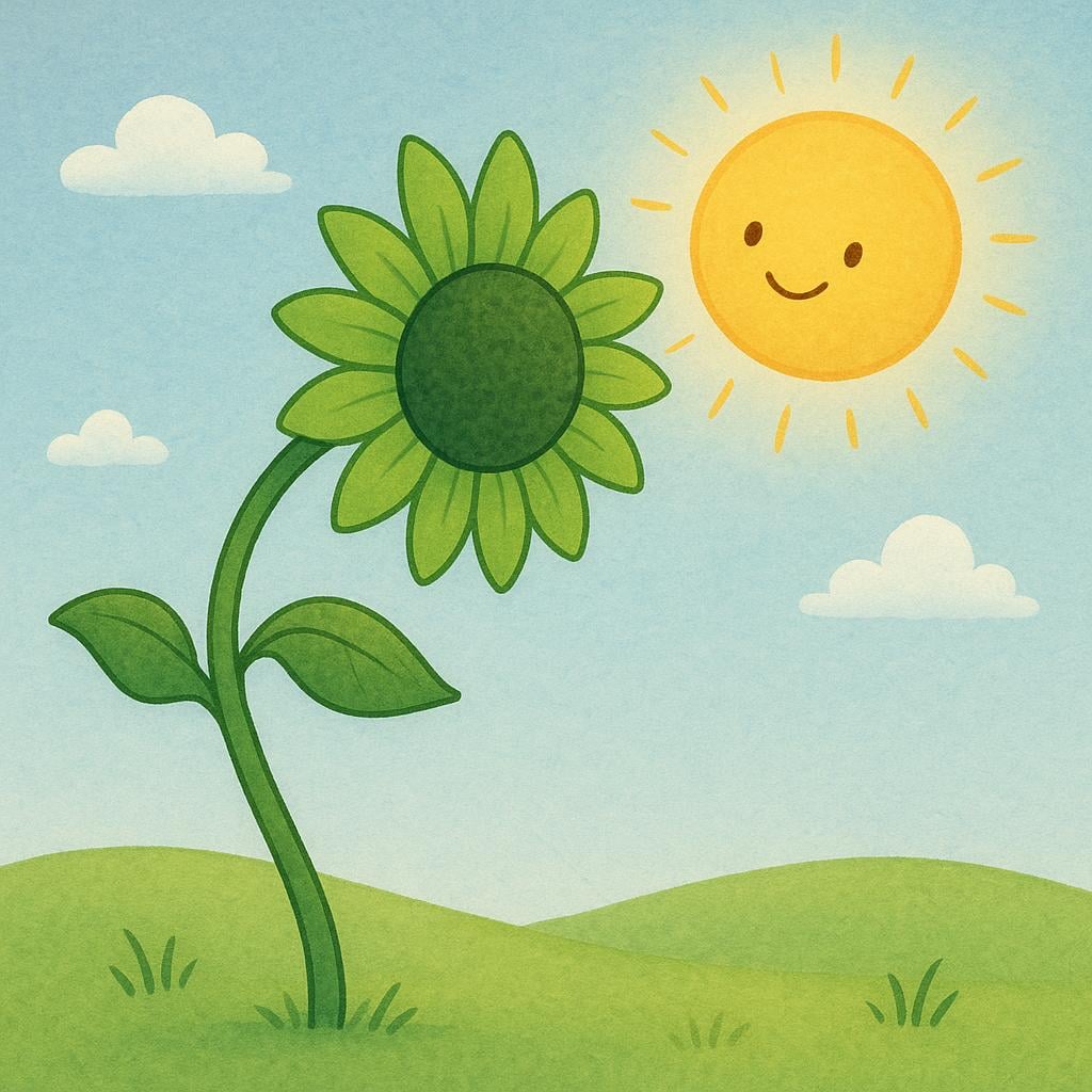 A vibrant storybook illustration of a large green sunflower bending its head to face a bright, yellow sun, demonstrating a reaction to a stimulus.