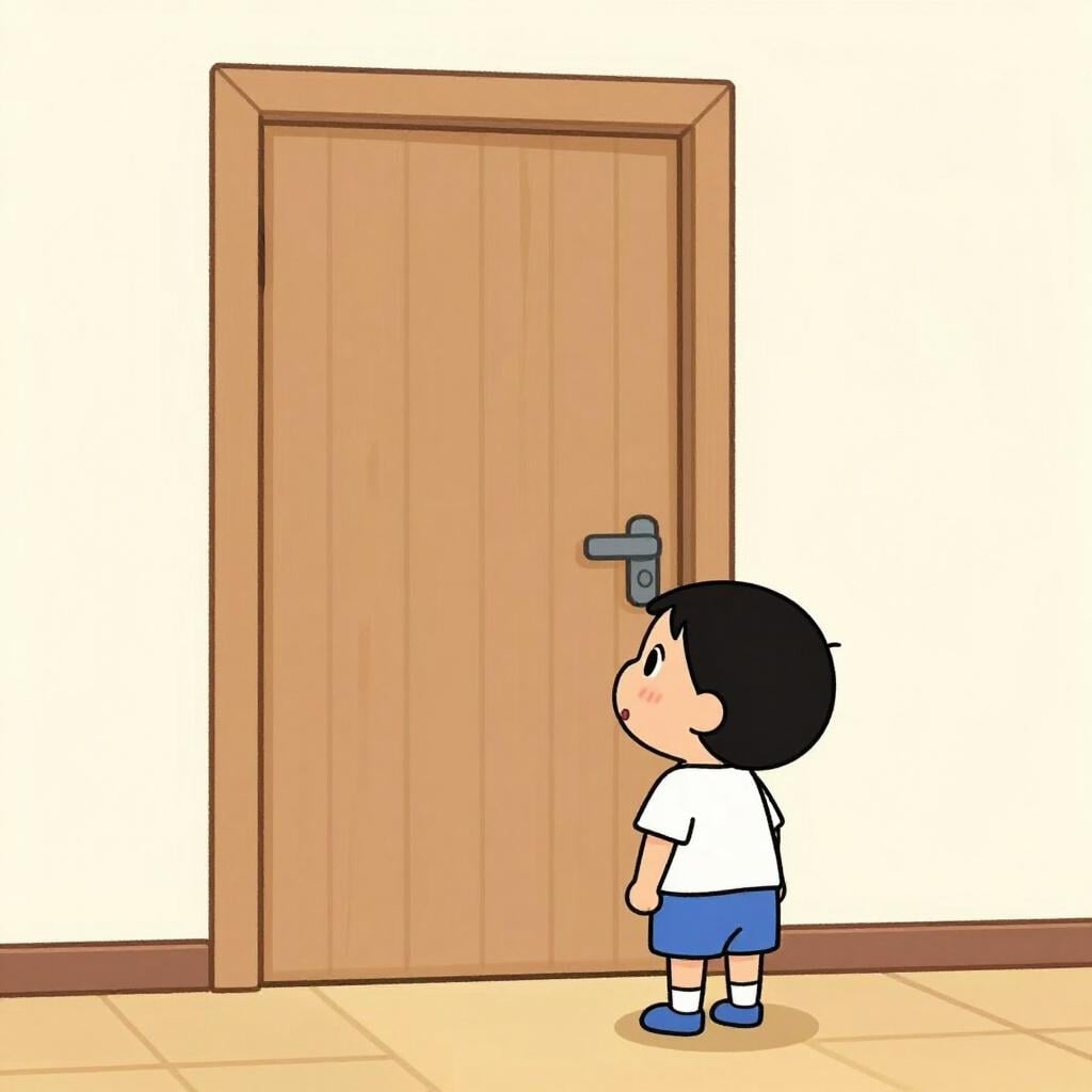 A child looking at a closed wooden door with a curious expression, wondering what is behind it.