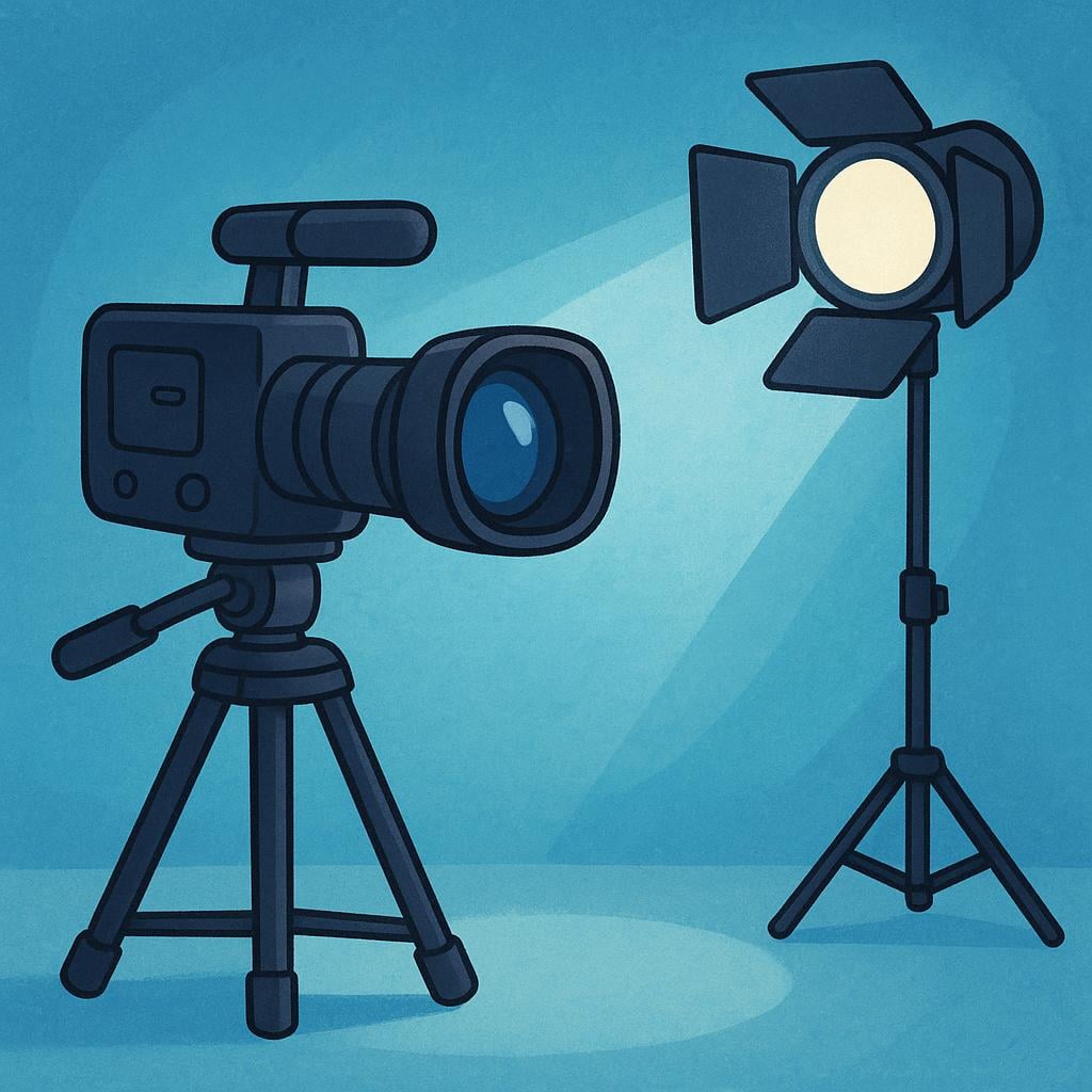A high quality simple colorful storybook illustration depicting a large, professional video camera mounted on a tripod, aimed at a bright spotlight.