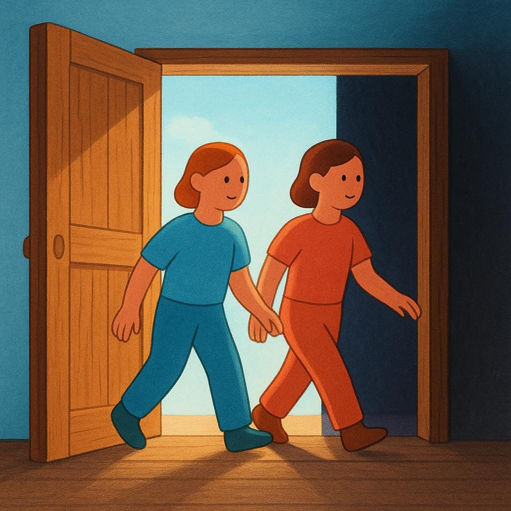 Uma ilustração de livro de histórias mostrando duas figuras estilizadas pisando simultaneamente através de uma grande porta de madeira aberta, movendo-se de um exterior iluminado para um interior sombreado.