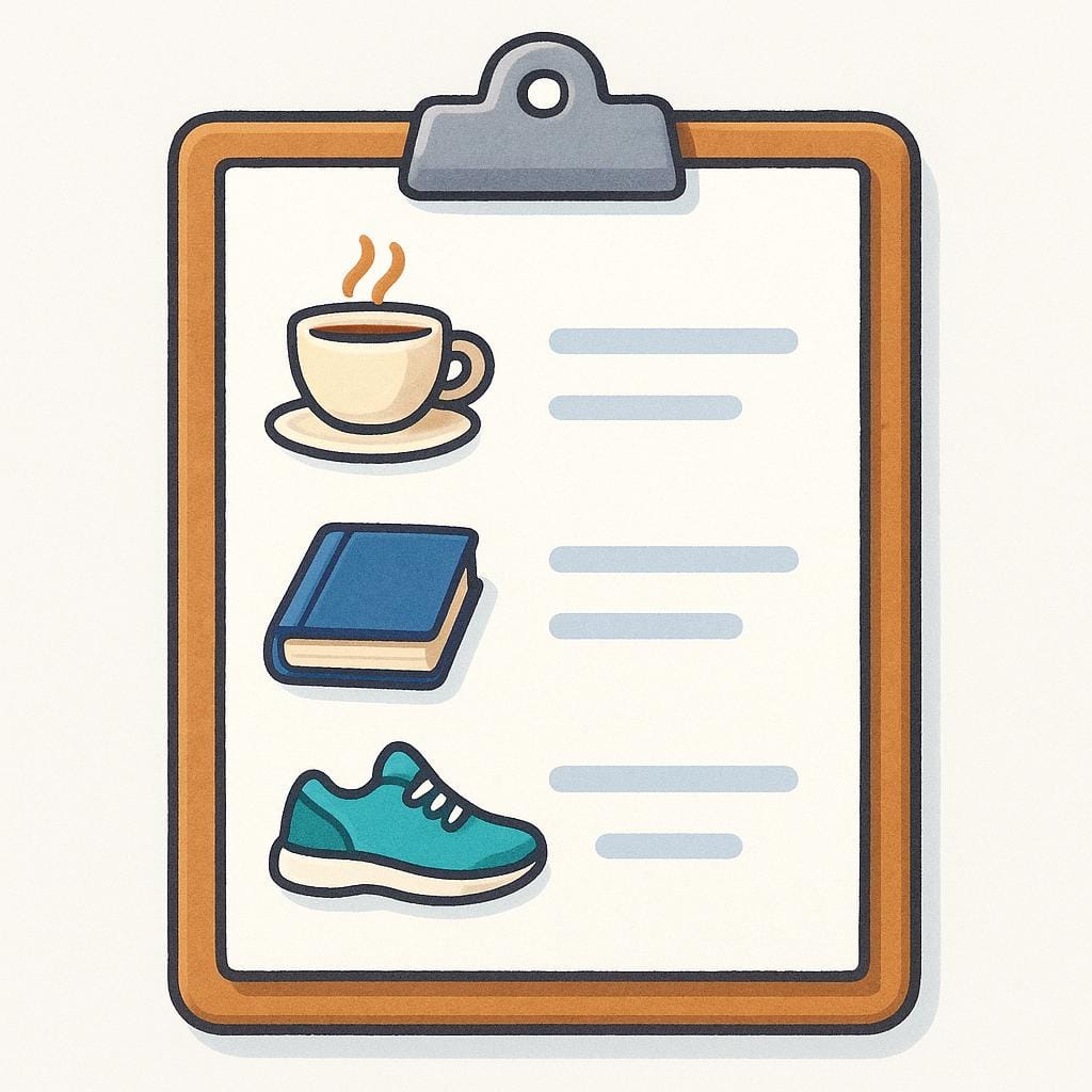 Een visuele voorstelling van een planning op een klembord, met drie verschillende iconen (een koffiekopje, een boek en een hardloopschoen) verticaal vermeld naast eenvoudige lijnen, wat geplande gebeurtenissen symboliseert.