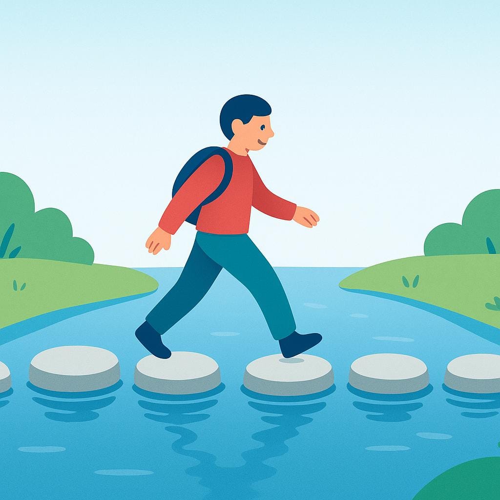 A person stepping across a narrow river using stepping stones, moving from one side to the other.