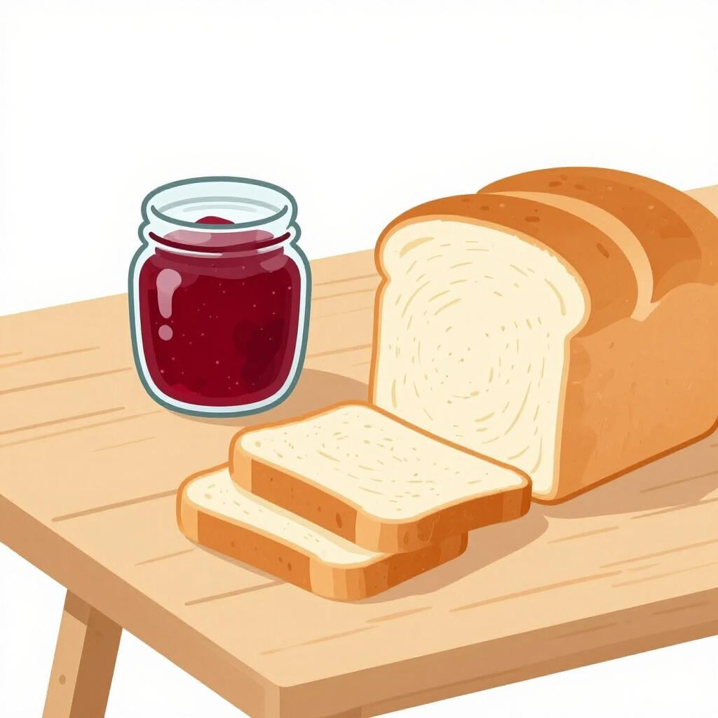 A loaf of sliced bread and a jar of fruit jam on a table.