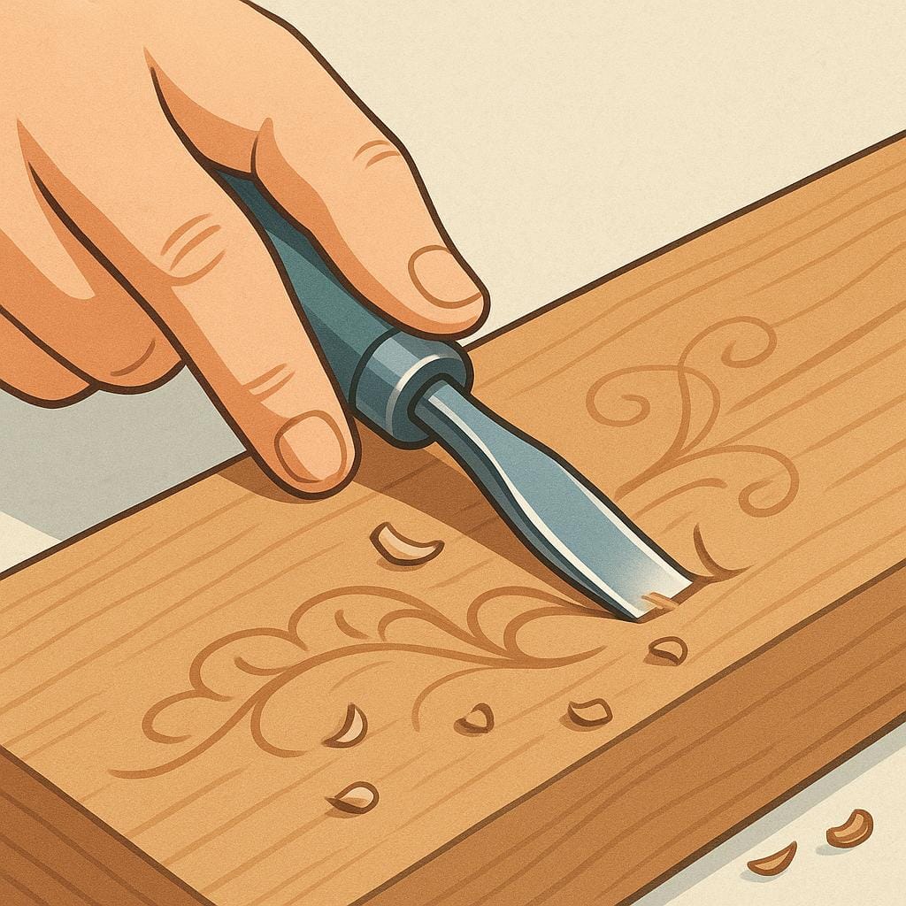 A detailed illustration of a hand using an engraving tool to carve a geometric pattern into a wooden surface.