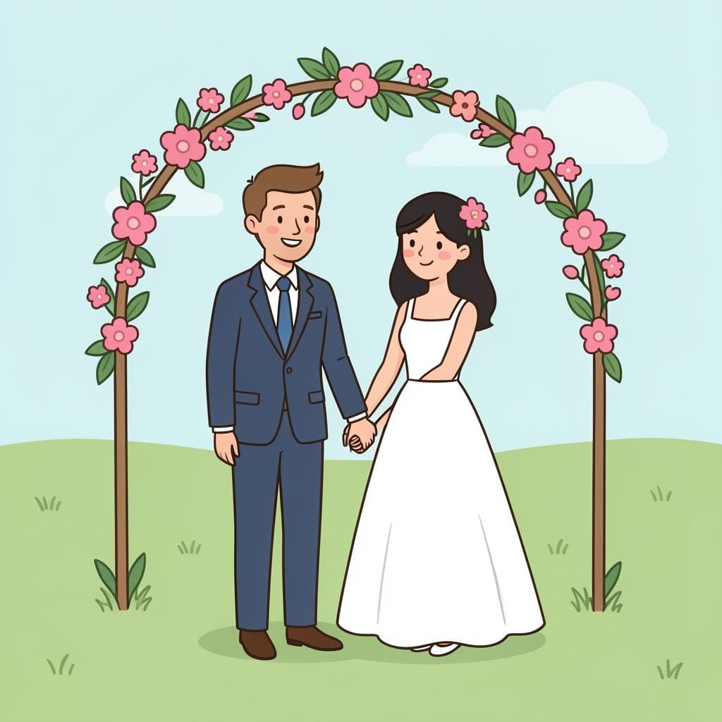 A happy couple in formal wedding attire holding hands under a floral arch.