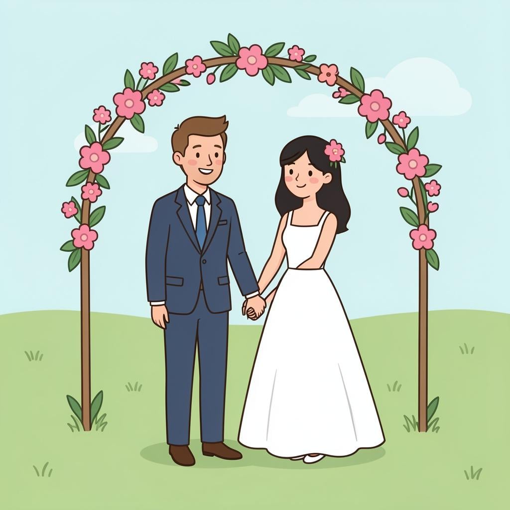 A happy couple in formal wedding attire holding hands under a floral arch.