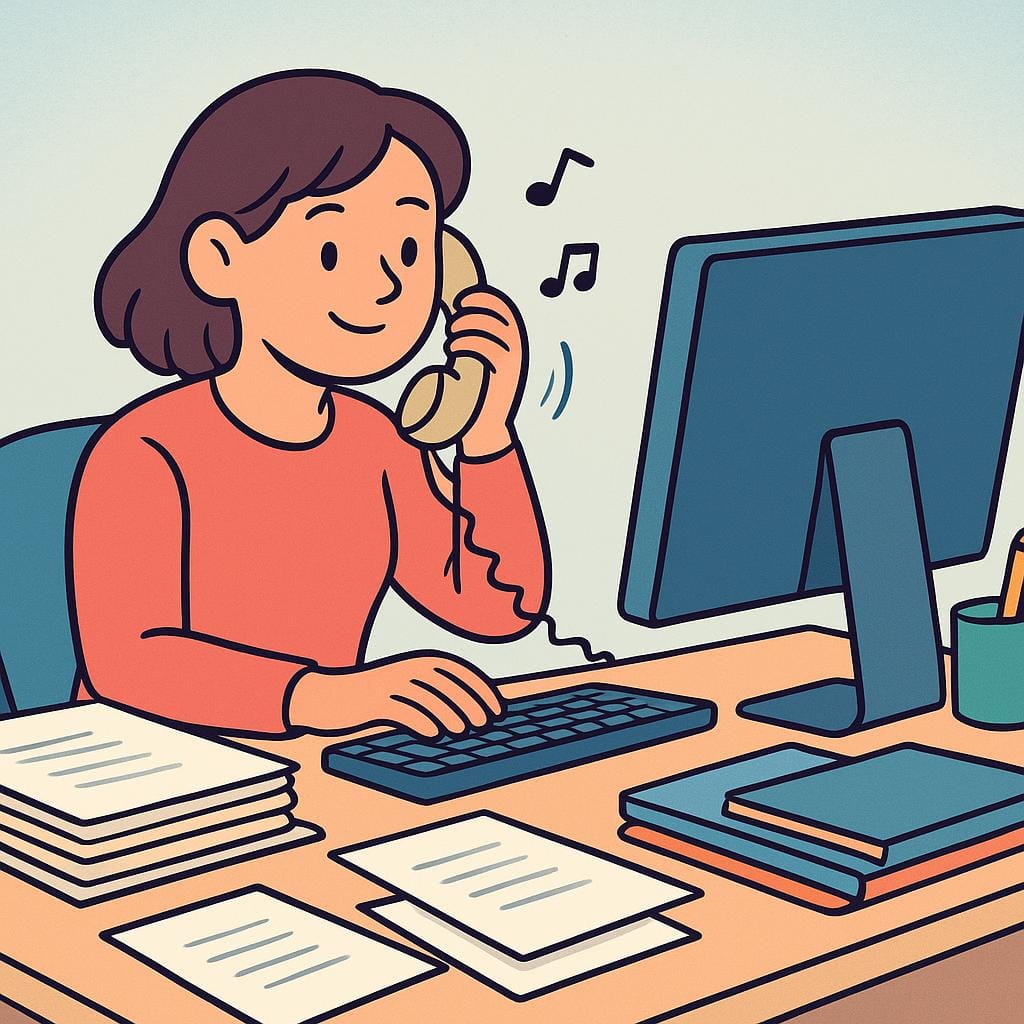 Une illustration colorée d'une femme semblant submergée à un bureau jonché de tâches, tenant simultanément un téléphone et tapant sur un ordinateur portable, indiquant un emploi du temps chargé.