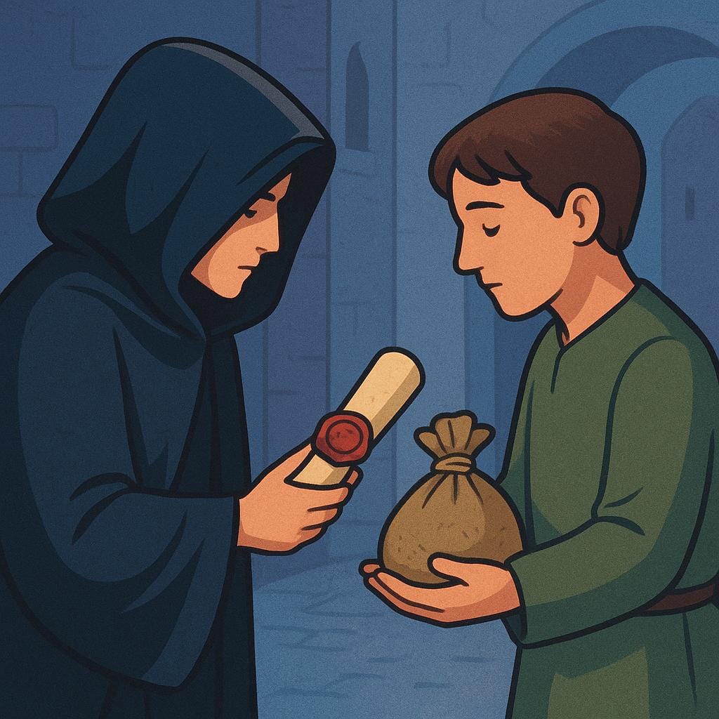 A shadowy illustration showing one person secretly handing a rolled-up scroll or document to another person, who is giving them a small, heavy sack of money in exchange, symbolizing betrayal.