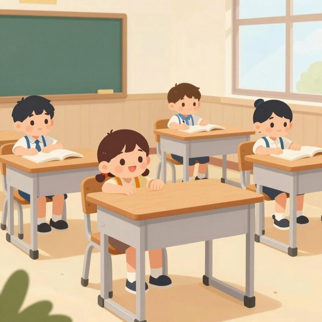 Een lege houten schoolbank in een klaslokaal vol studenten.