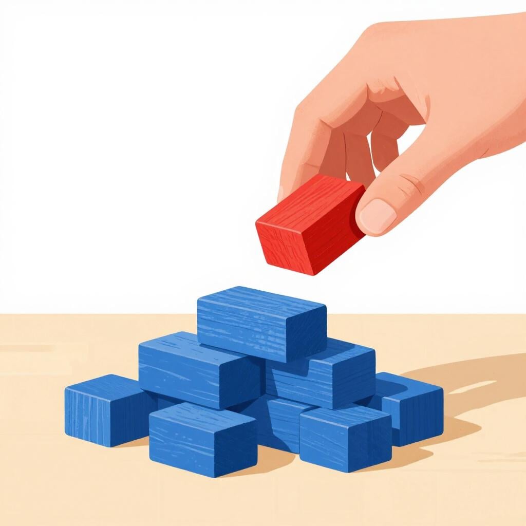A hand picking up a single red block from a neat stack of blue blocks on a wooden table.