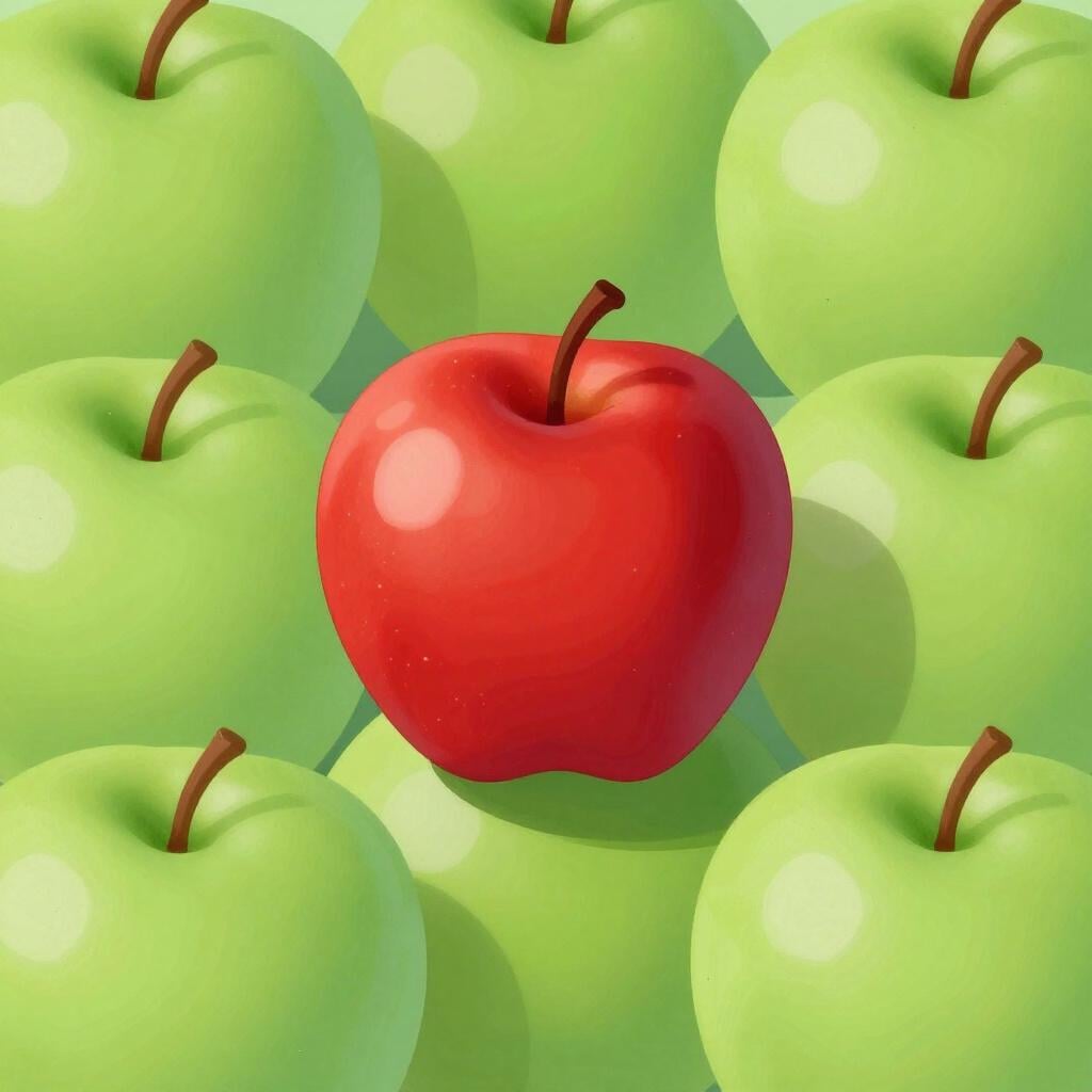 Une seule pomme rouge vif se détachant d'un groupe de pommes vertes sur une table en bois.