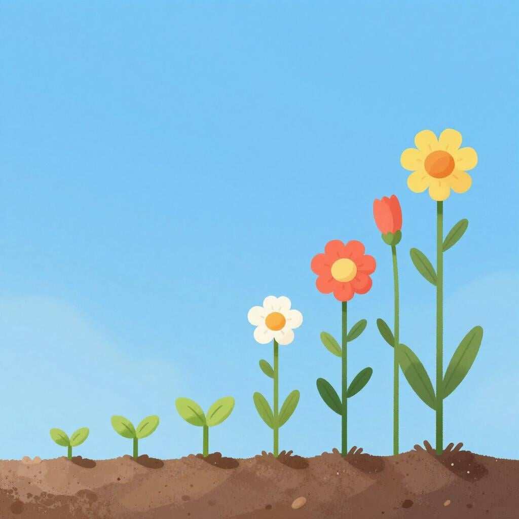 A row of colorful plants growing steadily taller from left to right in a bright garden.