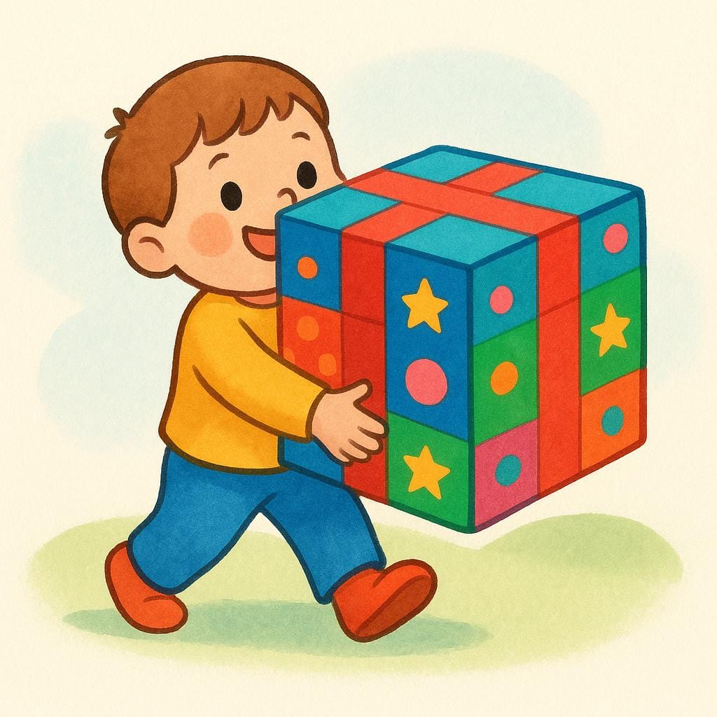 A storybook illustration of a happy child carrying a large, colorful box in their arms.