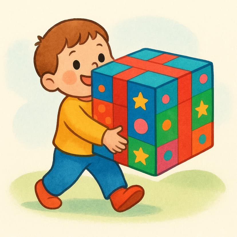 A storybook illustration of a happy child carrying a large, colorful box in their arms.