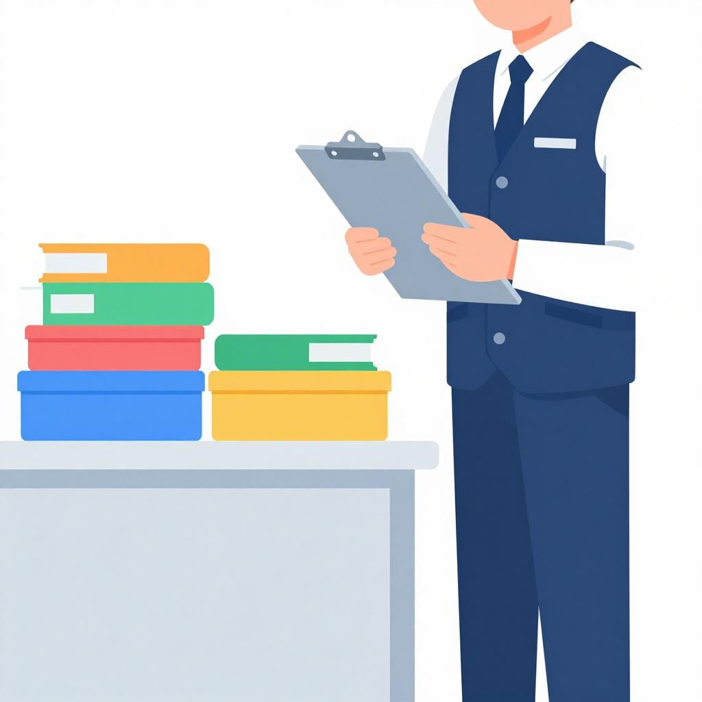 Une personne sympathique portant une tenue professionnelle, tenant un presse-papiers et organisant plusieurs petites boîtes sur un bureau.