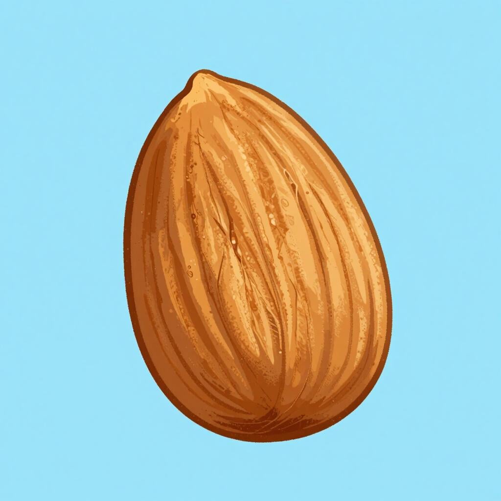 A single, whole almond nut with its characteristic brown skin and oval shape, shown in a simple style.