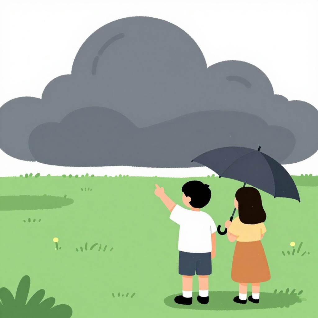 A person pointing at dark rain clouds in the distance to show a friend they should go inside.