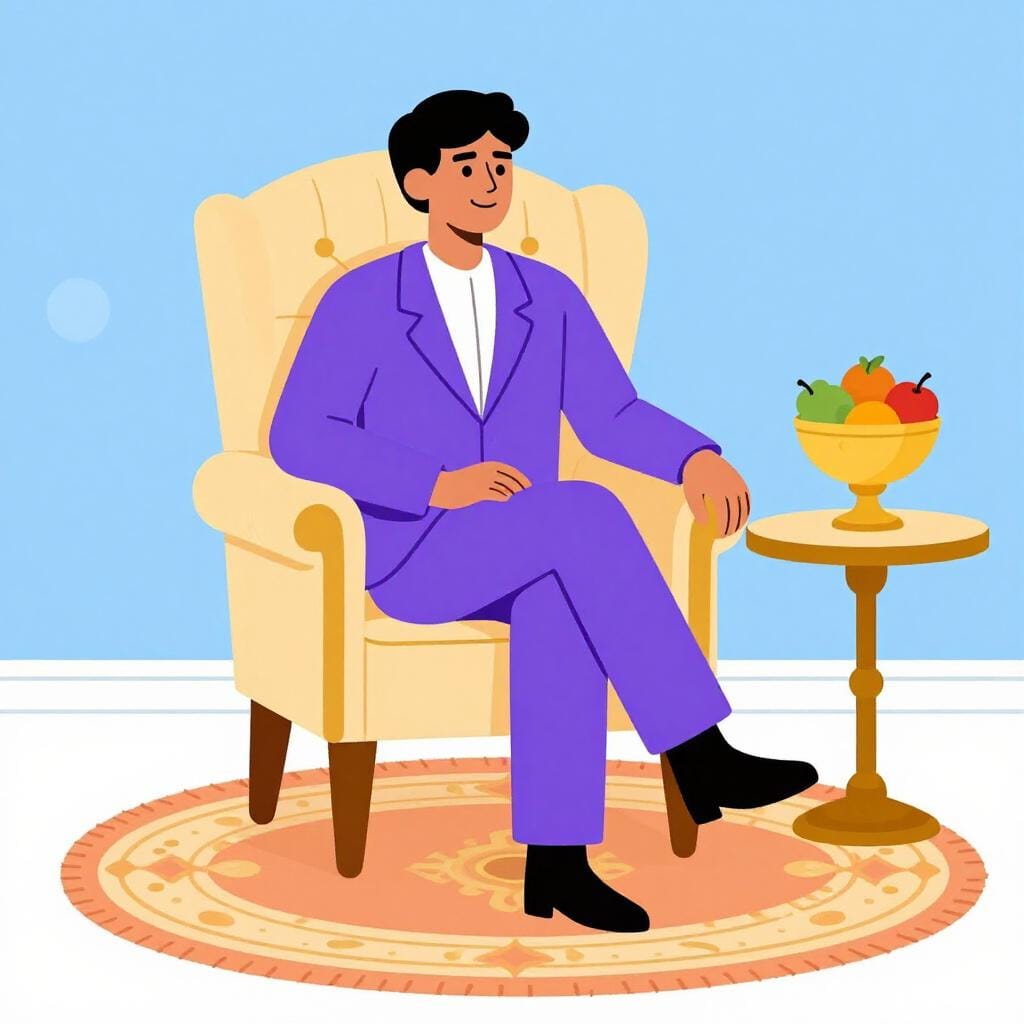 A happy person wearing a fine suit sitting in a comfortable velvet armchair inside a luxurious room.