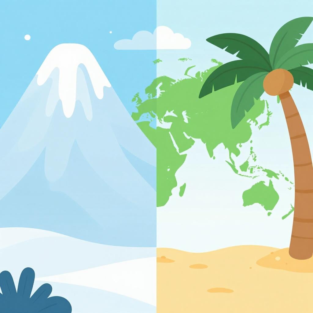 A varied landscape showing different parts of the world like snowy mountains and a tropical beach side by side.