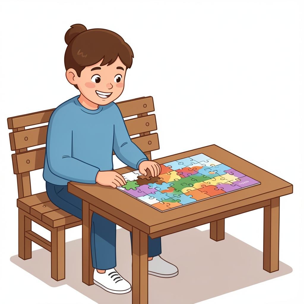 A person sitting on a bench in a thoughtful pose, looking at a completed jigsaw puzzle with a satisfied expression.