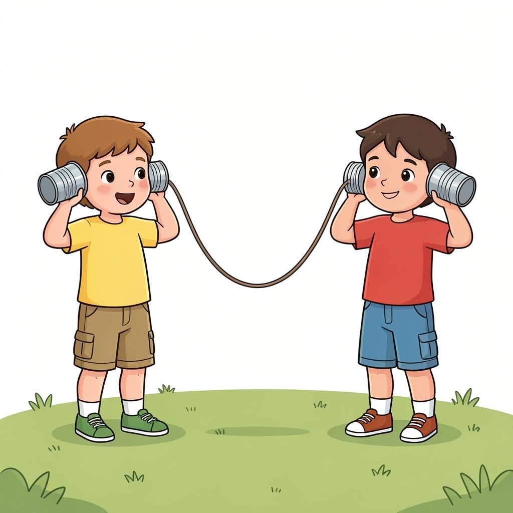Two people talking to each other through a tin can telephone with a long string.