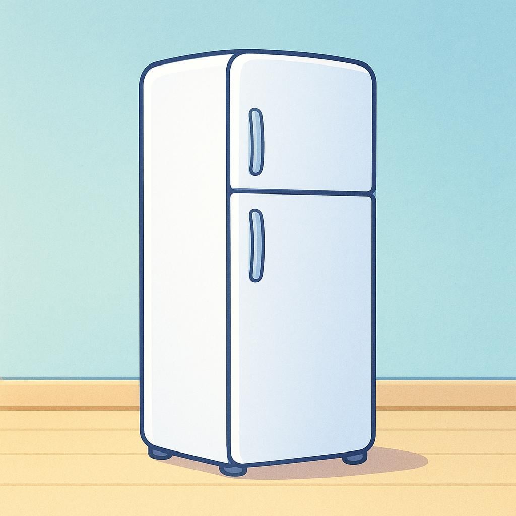 A tall, white, closed two-door refrigerator appliance standing in a clean, simple kitchen setting, drawn in a storybook style.