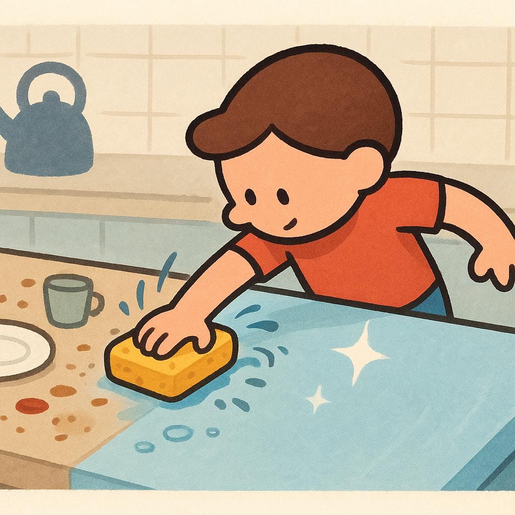 A small, cheerful figure is actively scrubbing a visibly dirty surface, such as a kitchen counter, with a sponge. One side of the counter is covered in grime, while the side the figure has cleaned is sparkling and spotless.