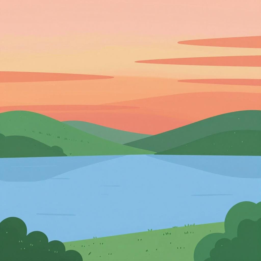 A peaceful landscape with a calm lake and soft green hills under a gentle sunset.