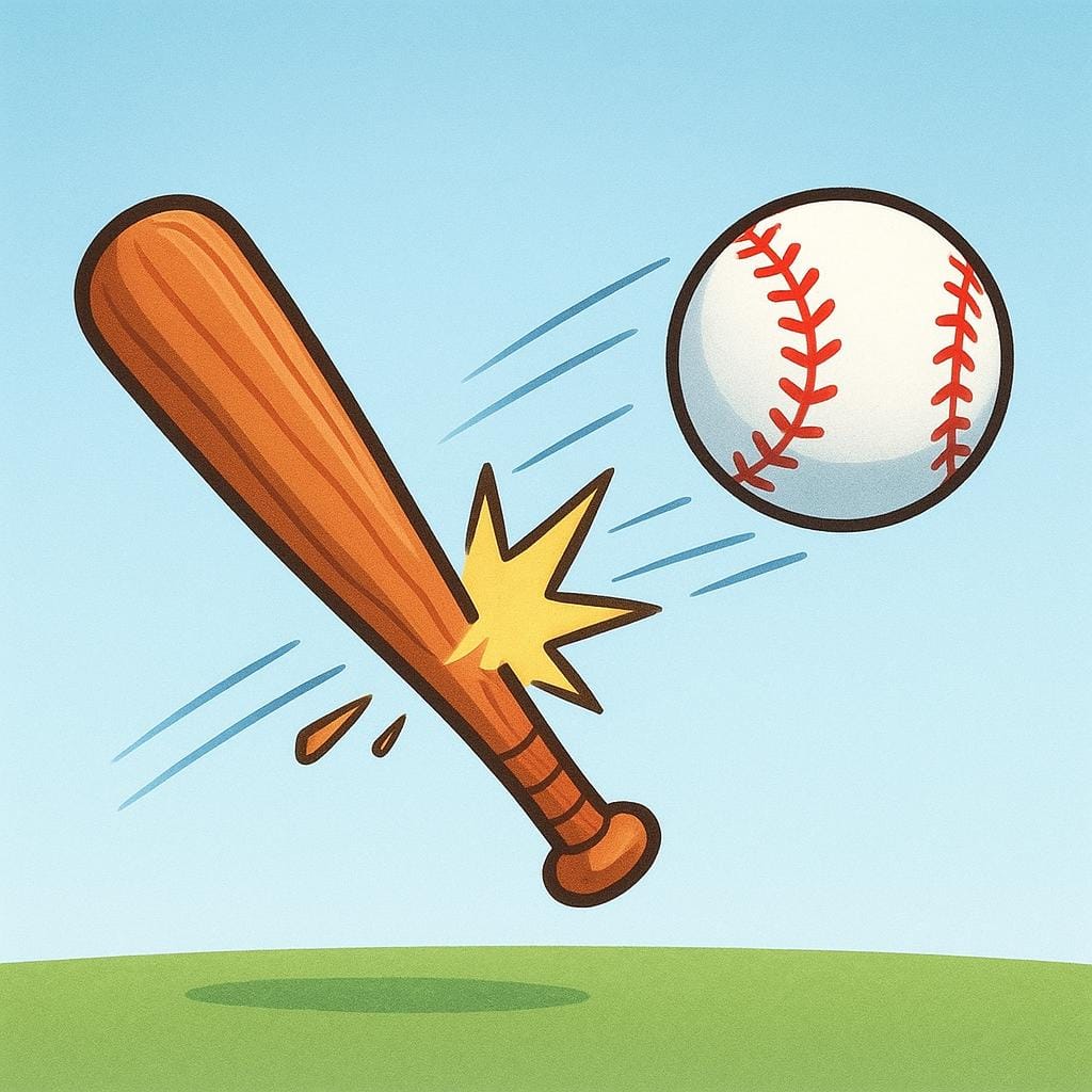A baseball soaring through the air immediately after being struck by a wooden bat, showing the completed action of being hit.