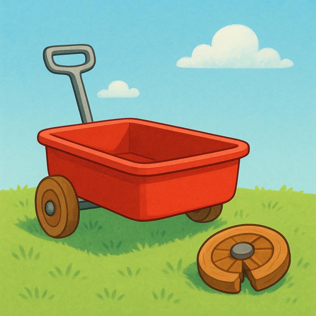 A broken wooden toy wagon with one wheel completely detached and lying on the ground next to it.