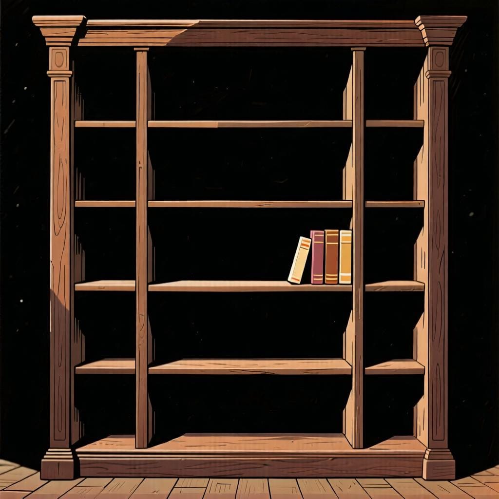 A nearly empty bookshelf with only a few books on one shelf, illustrating the concept of 'few'.