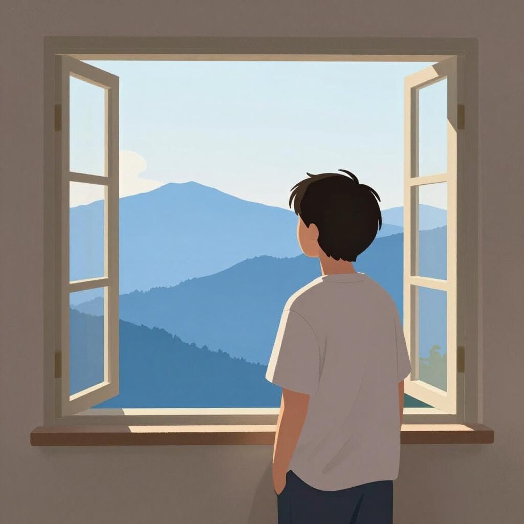 창가에 서서 부드럽고 희망적인 표정으로 멀리 아름다운 산맥을 바라보는 사람.
