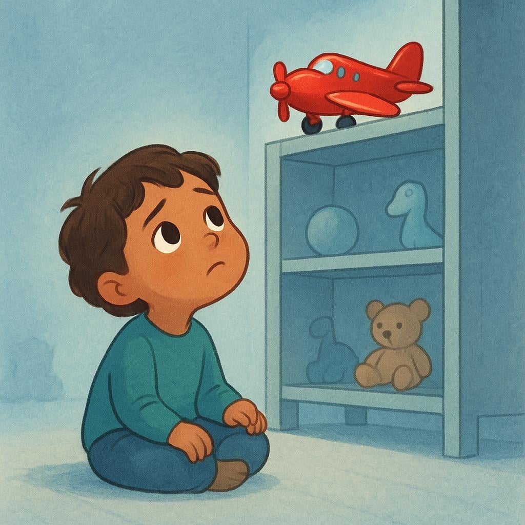 A small child sitting on the floor, looking longingly at a toy airplane placed high on a shelf, symbolizing a past desire.