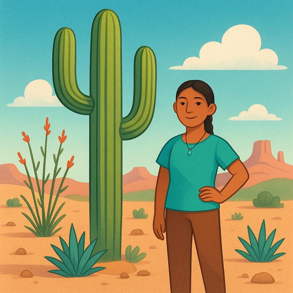 A person standing confidently next to a giant saguaro cactus in a stylized desert landscape, symbolizing a native resident of that area.