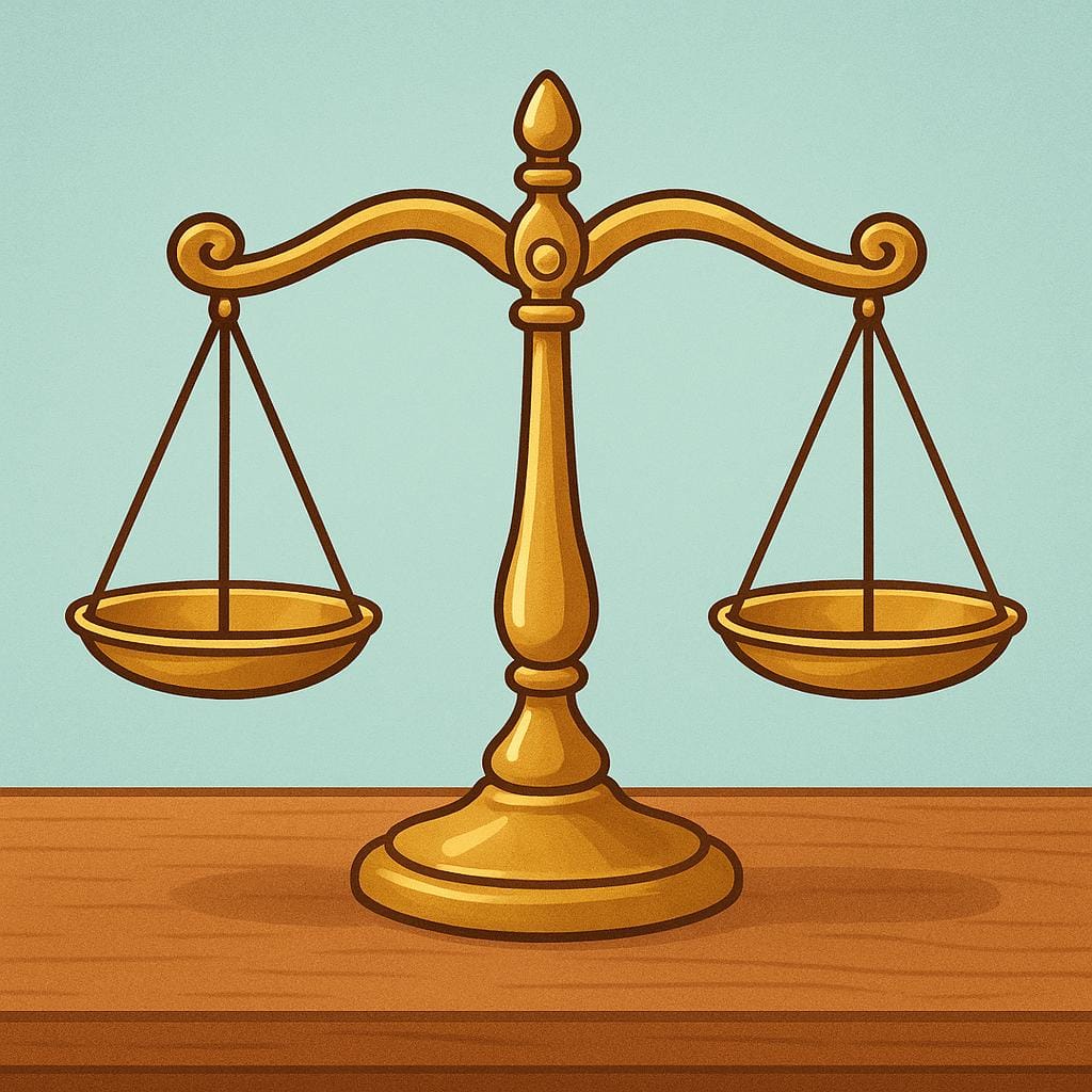 A perfectly balanced golden scale resting on a surface, symbolizing impartiality and fairness.