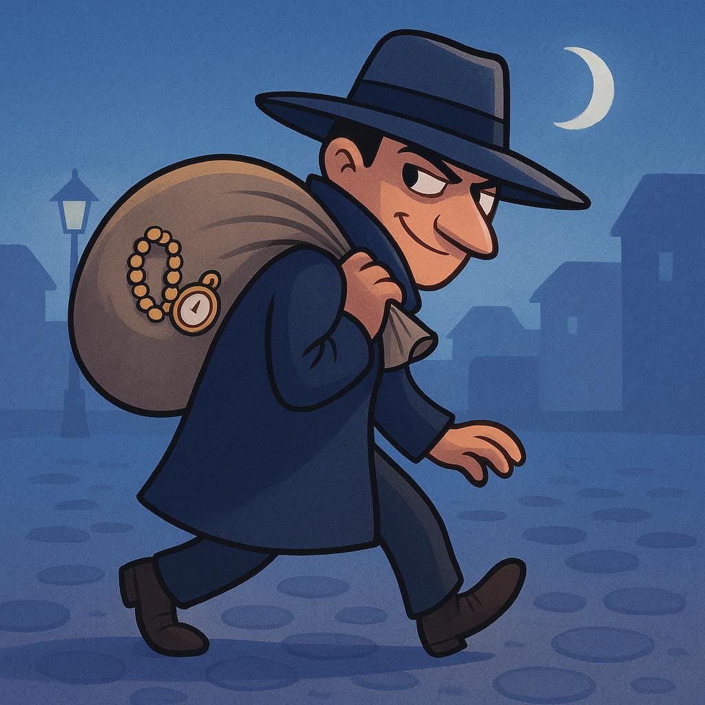 A cartoon illustration of a shifty-looking man in a dark coat and wide-brimmed hat, sneaking away with a bag, representing a scoundrel or crook.