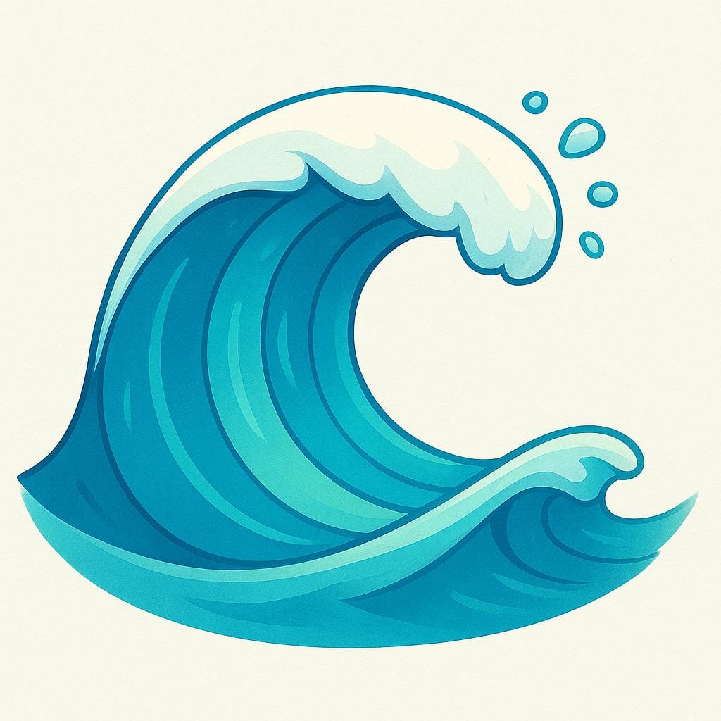 A drawing of a large, stylized blue ocean wave with white foam at the crest, demonstrating physical movement.